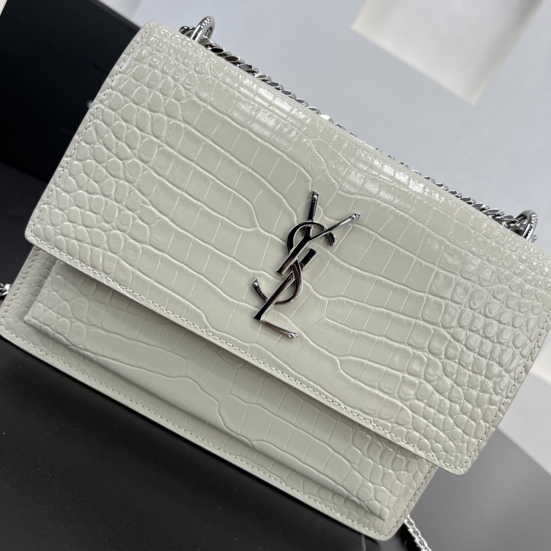 Saint Laurent Sunset Crocodile Embossed Calfskin Handbag Shoulder Bag White 442906 Silver